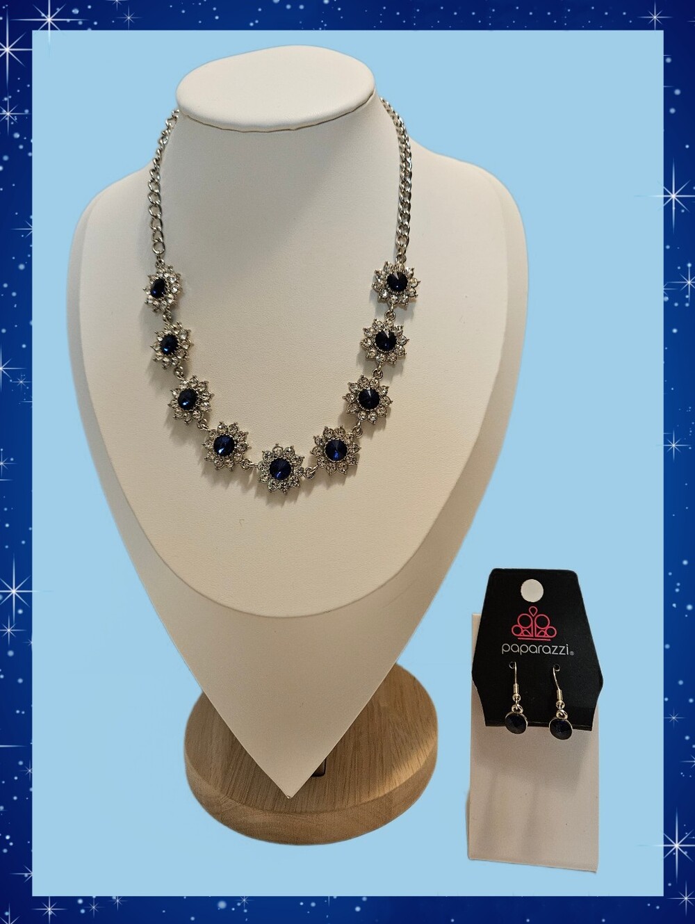 Paparazzi Silver Tone Blue Rhinestone Necklace Set